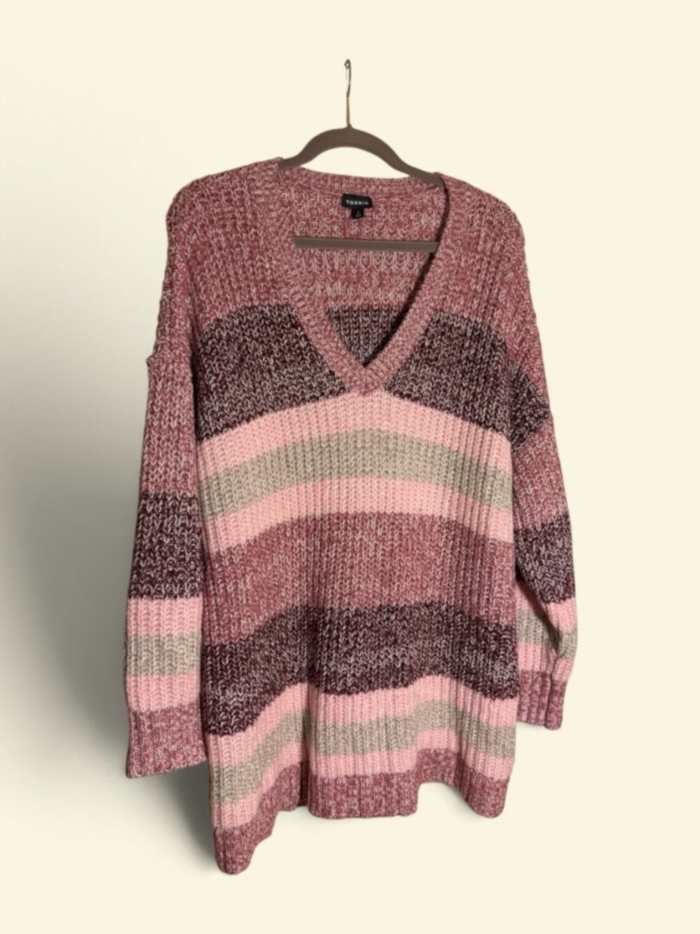 Torrid Pullover Slouchy V-Neck Tunic Pink, Mauve, Burgundy, Gray Sweater Sz 2X